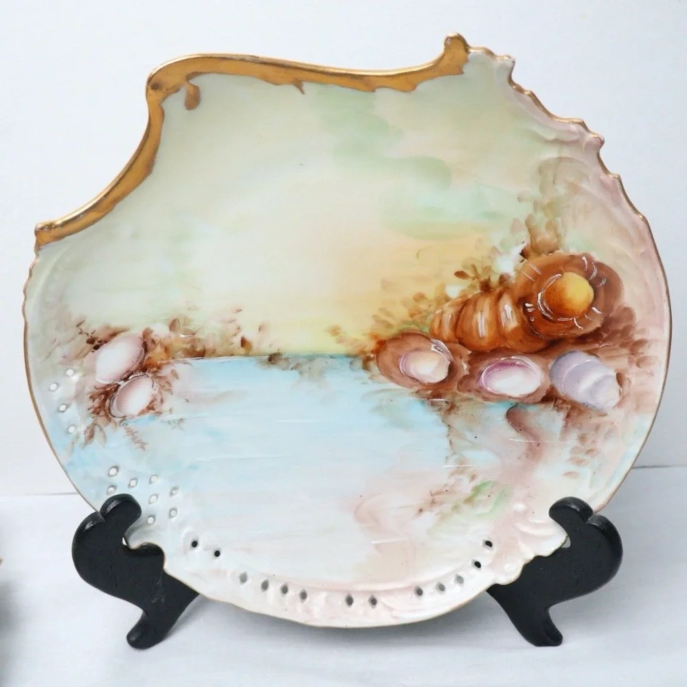 4 Antique Bavaria Rosenthal Savoy Porcelain Sea Shell Plates Gold Gilt Trim